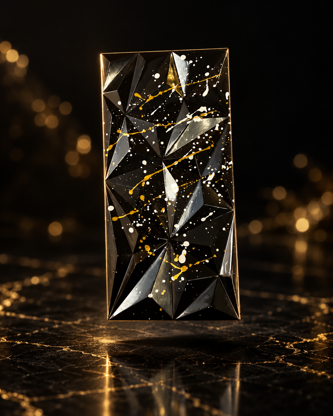 Original ChocoBlock slab with glossy geometric facets and gold and white hand-painted splatter